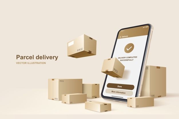 a cell phone with parcel delivery on the screen next to cardboard boxes and other items