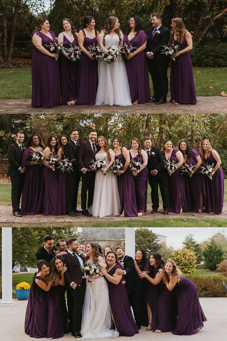 the bride and groom are posing for pictures with their bridal party in purple dresses