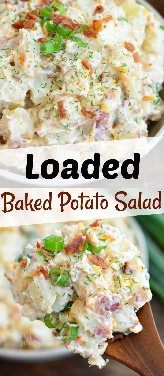 loaded baked potato salad in a white bowl