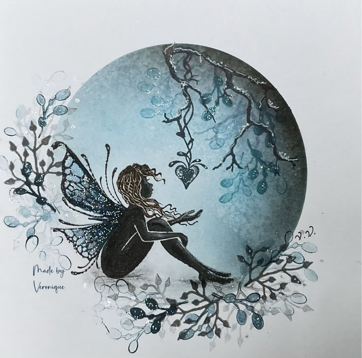 a drawing of a fairy sitting on top of a blue ball with flowers and leaves