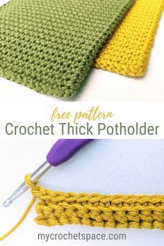 the crochet stitch is being used to make a pot holder for yarns