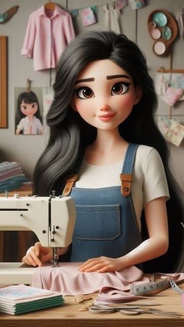 a doll is sitting at a sewing machine