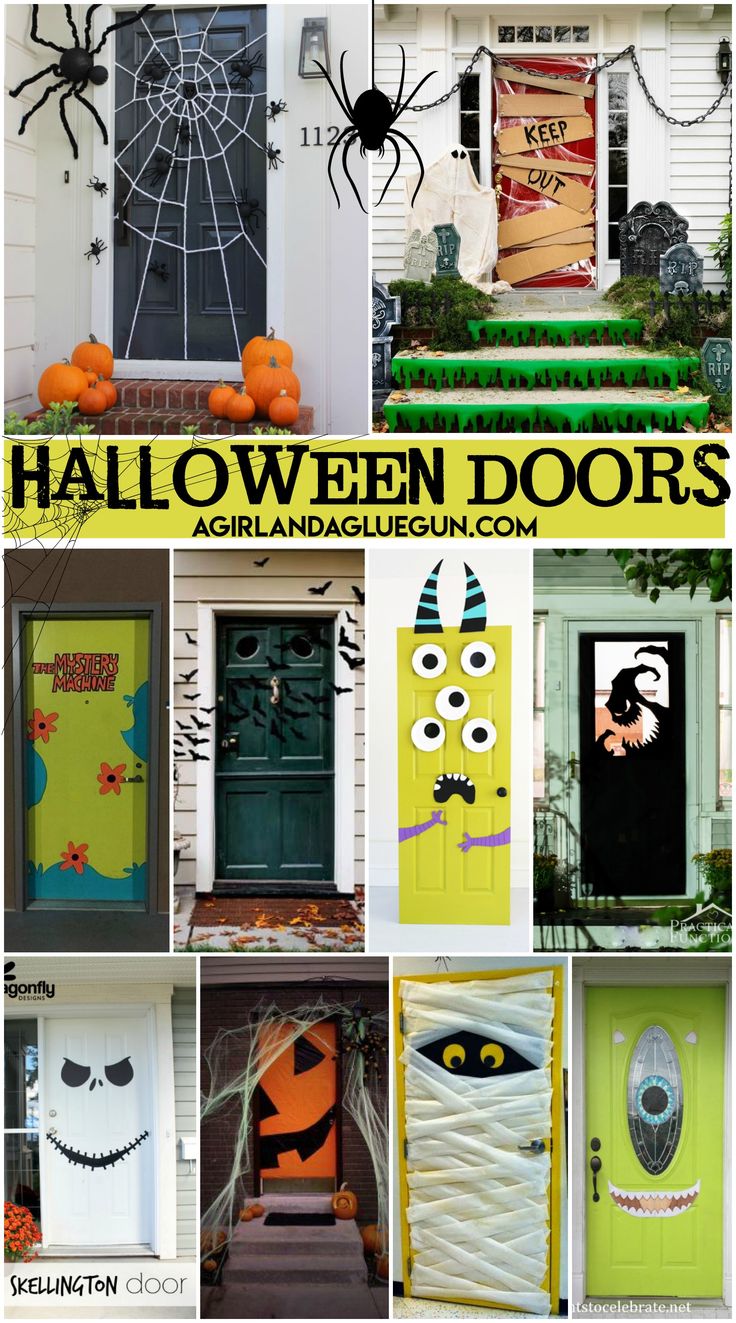 halloween door decorations are featured in this collage