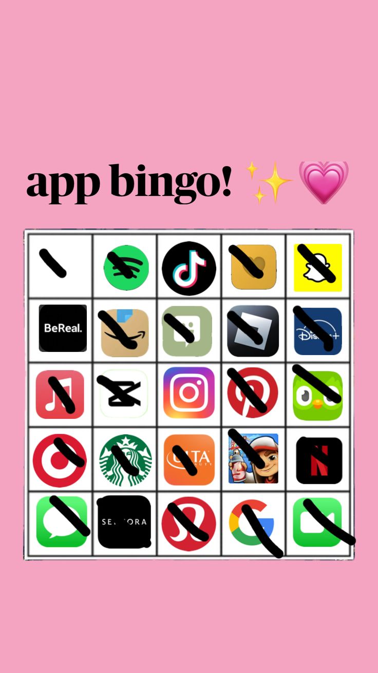 an image of a pink background with different icons on it and the words app bingo