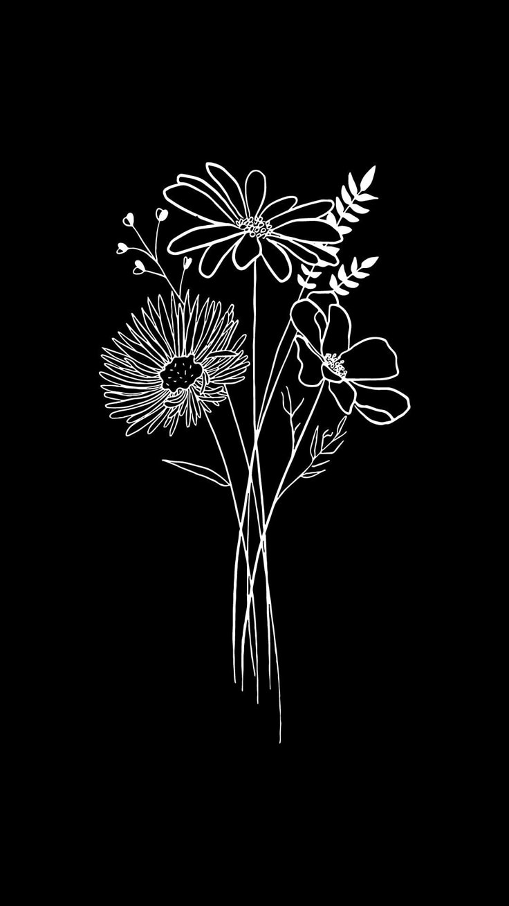 a black and white drawing of flowers on a dark background