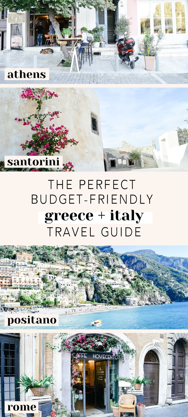 the front and back side of a building with text overlaying it that reads, the perfect budget - friendly greece italy travel guide