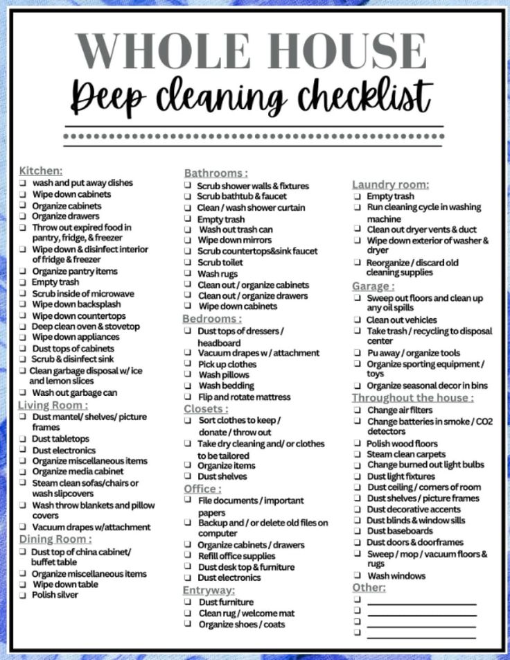 the whole house prep cleaning checklist is shown in this blue and white printable