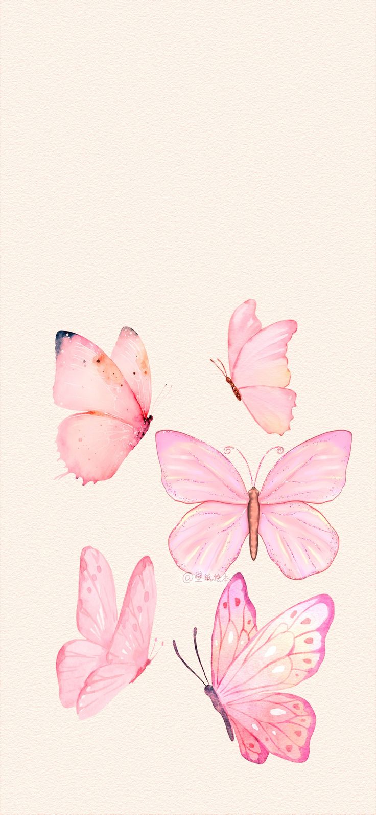 three pink butterflies flying next to each other on a white background with watercolor effect