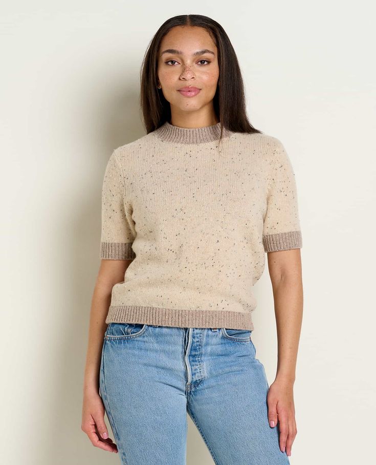 msg:Alexis is 5'6" and is wearing a size Small. Paper Sleeves, Stitch Shirt, Short Sleeve Sweater, Womens Size Chart, Fabric Names, Short Sleeved Sweaters, Contrast Stitch, The Bar, Layering Pieces