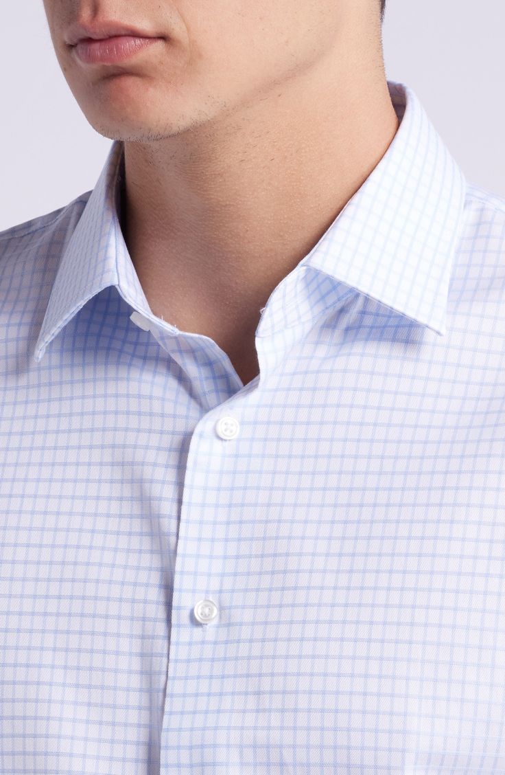 Always look polished in this trim-fit dress shirt cut from easy-care cotton twill patterned in a minimalist grid. French placket Spread collar Rounded, adjustable button cuffs 100% cotton Machine wash, tumble dry Imported Classic Fitted Plaid Shirt, Classic Plaid Fitted Shirt, Plaid Fitted Classic Shirt, Fitted Gingham Shirt With Spread Collar, Business Plaid Shirt With Spread Collar, Formal Fitted Plaid Dress Shirt, Fitted Plaid Dress Shirt For Work, Fitted Gingham Button-up Shirt, Fitted Gingham Dress Shirt For Business