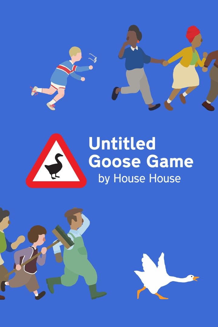 an illustrated book cover with people running and playing games on the blue background that says,'united goose game by house house '