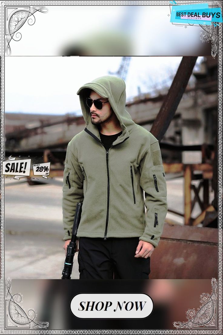 Military Fleece Tactical Jacket Solid Casual Hooded Jacket Army Zipper Coat Outdoor Thermal Ventilation Sports Polar Clothes Khaki Techwear Hooded Jacket For Winter, Windproof Long Sleeve Hooded Jacket For Outdoor, Winter Techwear Fleece Jacket For Outdoor Activities, Solid Windproof Fleece Jacket For Outdoor, Hooded Fleece Jacket With Pockets For Outdoor, Khaki Long Sleeve Hooded Jacket For Hiking, Hooded Windproof Fleece Jacket For Hiking, Tactical Long Sleeve Solid Outerwear, Windproof Hooded Fleece Jacket For Hiking