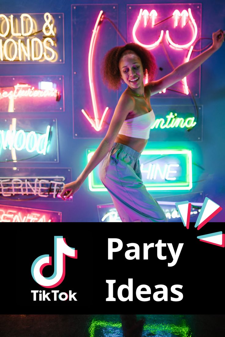 a woman dancing in front of neon signs with the words party ideas written on it