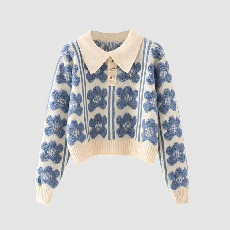 Features: For women Polo-collar Knitted construction Ribbed sleeve cuffs and bottom hem Material: polyester Butterfly Clothes, Pullover Mode, Knitwear Dress, Collar Sweater, Printed Sweater, Print Pullover, Sweater Fashion, Knitwear Women, Blue Sweaters