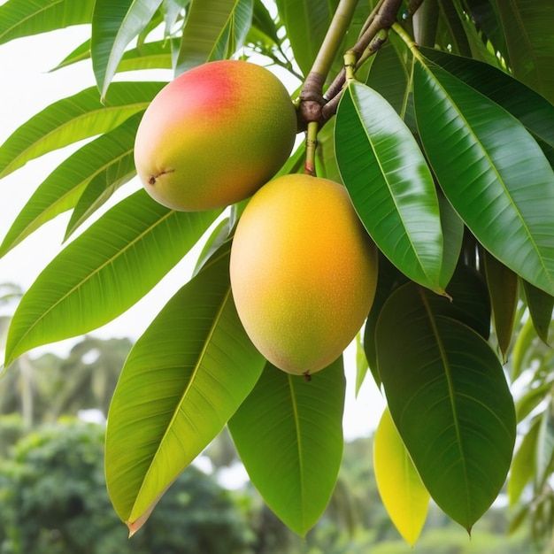 two mangoes hanging from a tree with green leaves