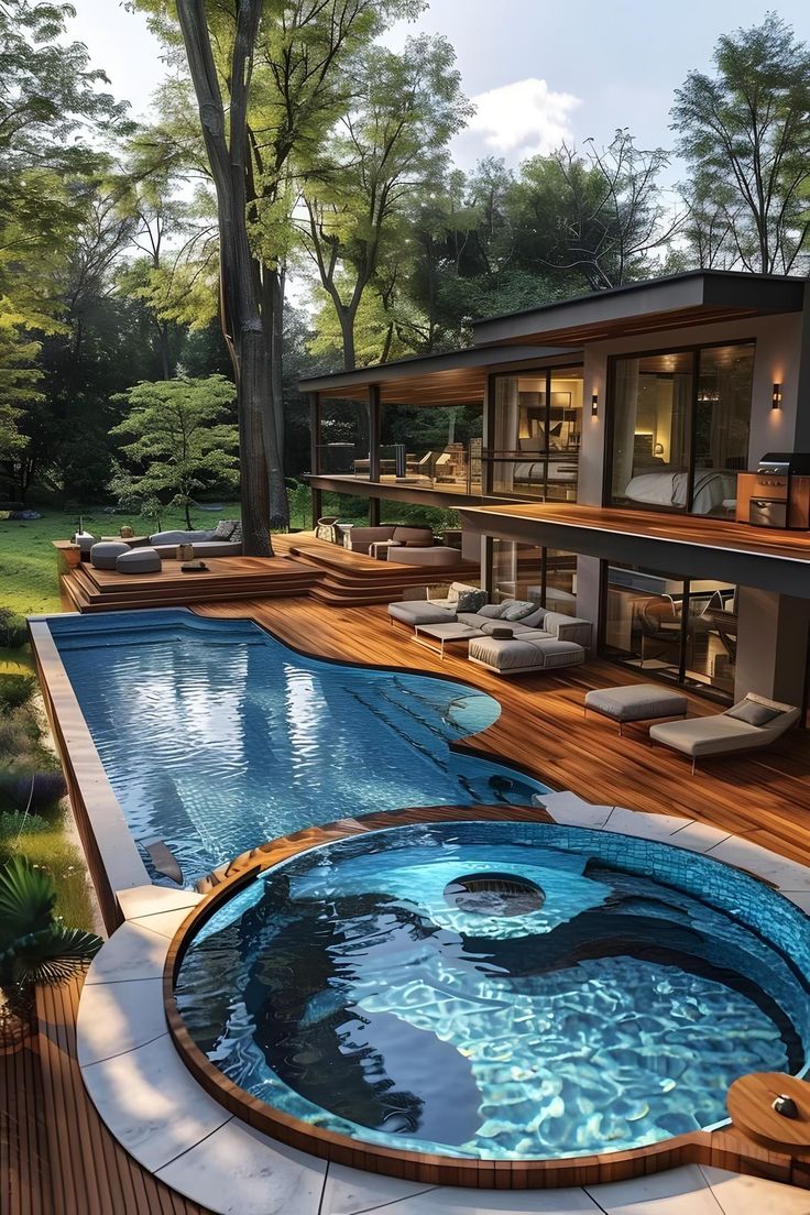 an outdoor swimming pool surrounded by wooden decking