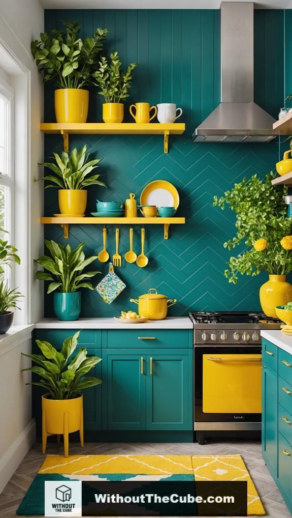 a kitchen with yellow and green decor on the walls, potted plants and pots