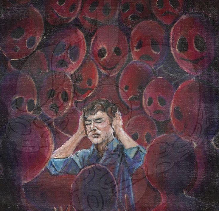 a painting of a man holding his head in front of red balloons