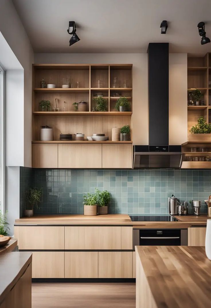 a kitchen with wooden cabinets and green tile backsplash, potted plants on the counter