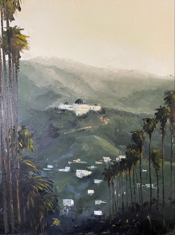 an oil painting of palm trees and a house in the distance on a mountain side