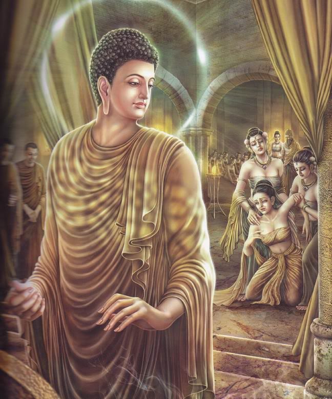 the buddha is standing in front of some other people and holding his hands out to him