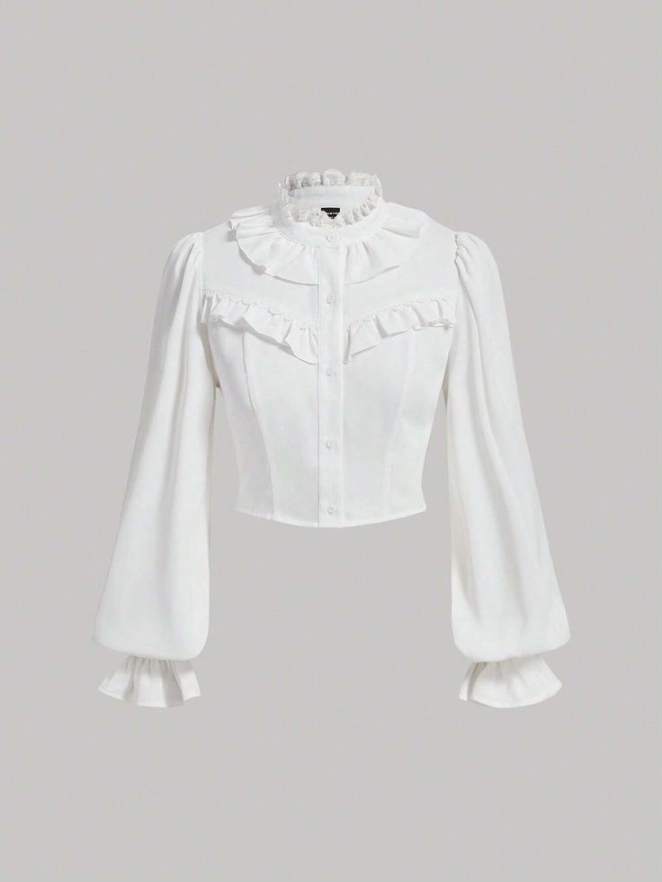 SHEIN MOD Ruffle Trim Flounce Sleeve Crop Blouse | SHEIN EUQS White Puffy Sleeve Top, Masquerade Gowns, Puffy Sleeves Top, Ruffle Shirts Blouses, Puffy Shirt, Puffy Sleeves Blouse, Ruffle Long Sleeve Blouse, Long Sleeve Ruffle Dress, Preformance Outfits