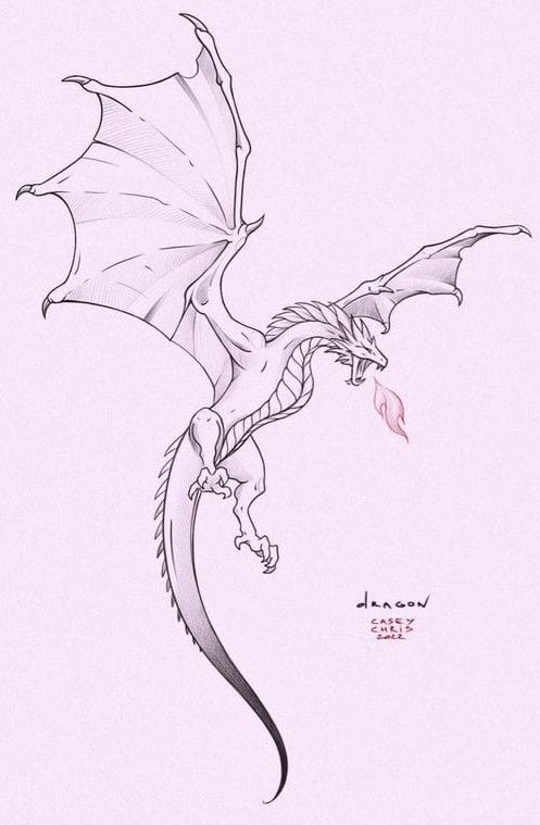 a drawing of a dragon flying in the air with its wings spread out and it's head down