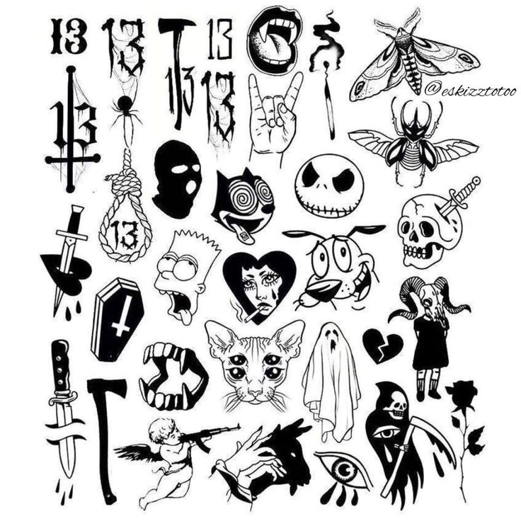 an image of various halloween tattoos on a white background with black and white inks