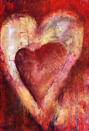 an abstract painting of a heart on a red background