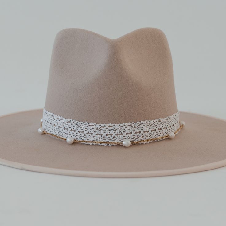 Gigi Pip hat bands + trims for women's hats - Lace Band - lace band with a gold plated metal chain + clasp closure Elegant Fitted Hat With Flat Crown, Elegant Cream Hat With Flat Crown, Elegant Fitted Beige Hat Bands, White Fitted Hat With Lace Trim, Elegant Fitted Felt Hat For Weddings, Feminine Adjustable Hat With Short Brim, Feminine Adjustable Brimmed Hat, Elegant Adjustable Cream Felt Hat, Elegant Beige Hat