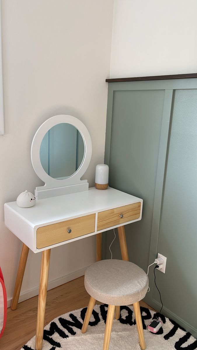 Modern White and natural wood vanity with round mirror in a girls room with green painted walls Girls Vanity Ideas Kids Bedroom, Kids Vanity Diy Girls Bedroom, Toddler Vanity Ideas, Kids Vanity Ideas, Girls Vanity Ideas Kids, Diy Kids Vanity, White Modern Vanity, Ivy Bedroom, Childrens Vanity