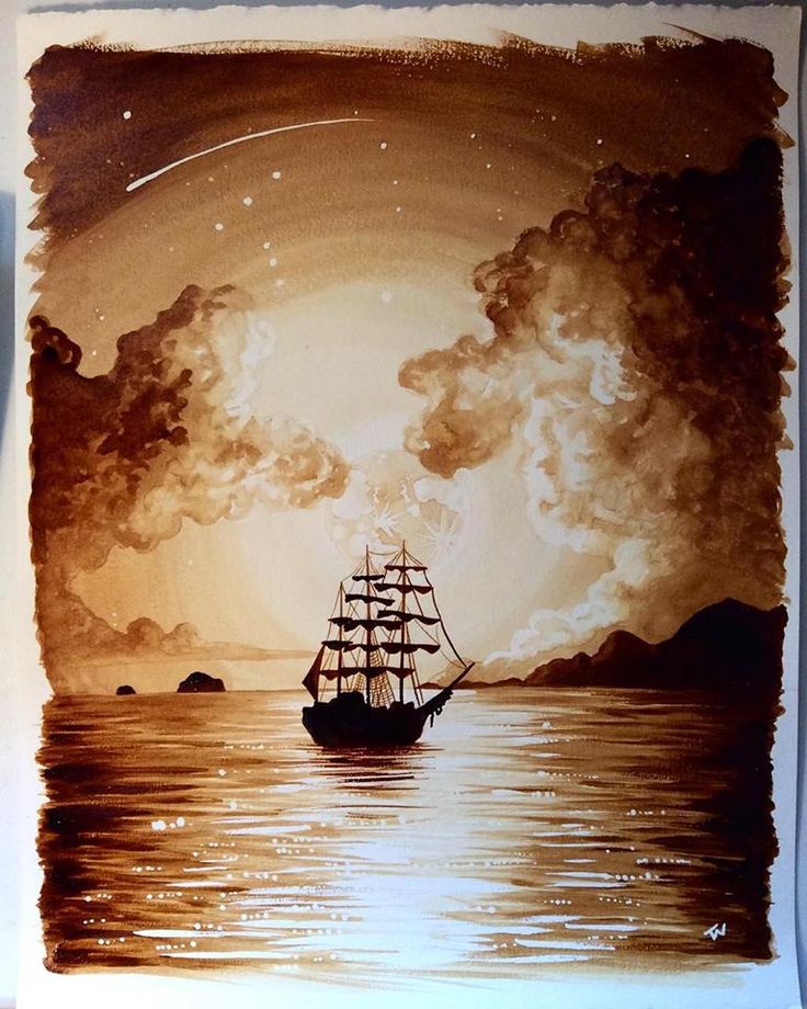 a painting of a ship sailing in the ocean under a full moon with clouds and stars