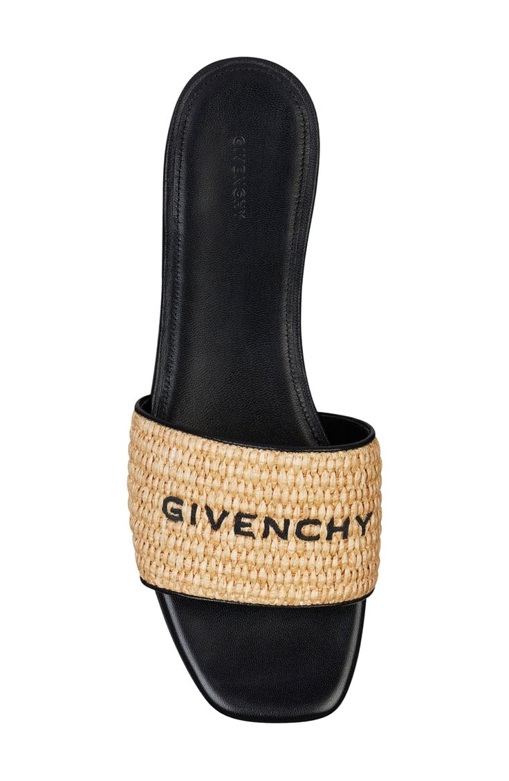 Embroidered Givenchy lettering pops against the woven-raffia band of this square-toe slide sandal. Textile and leather upper/leather lining and sole Made in Italy Women's Designer Shoes Leather Sandals With Logo Strap For Spring, Spring Leather Sandals With Logo Strap, Luxury Summer Sandals With Logo, Black Sandals With Logo Strap For Summer, Black Logo Sandals For Summer, Open Toe Sandals With Logo For Spring, Spring Open Toe Sandals With Logo, Spring Season Open Toe Sandals With Logo, Logo Slip-on Sandals For Summer