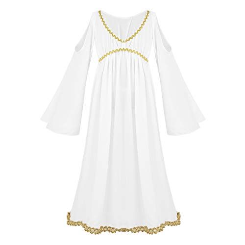 a white dress with gold trimmings on the chest and sleeves, in front of a