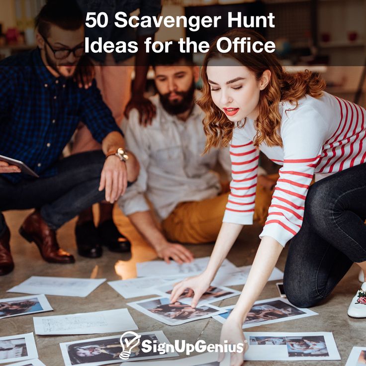 a group of people looking at photos on the floor with text that reads, 50 scavenger hunt ideas for the office