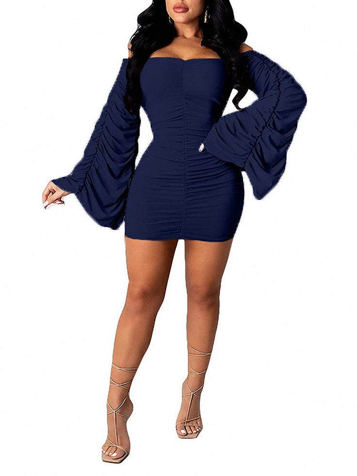 Material:90-95% Polyester. Features:Flare long sleeve. ruched. off-shoulder. solid color. bodycon mini dresses.Style:Party. Trendy Off-shoulder Ruched Dress, Off-shoulder Ruffled Mini Dress, Fitted Off Shoulder Mini Dress For Fall, Solid Color Ruched Mini Dress For Club, Long Sleeve Ruffled Bodycon Dress For Night Out, Summer Long Sleeve Ruched Bodycon Dress, Chic Off-shoulder Solid Color Mini Dress, Flirty Fitted Off Shoulder Dress With Ruched Detail, Chic Off-shoulder Mini Dress In Solid Color