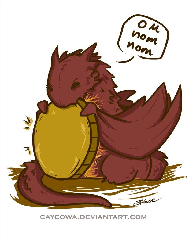 a drawing of a dragon with a barrel in it's mouth and the caption says, oh nom mom