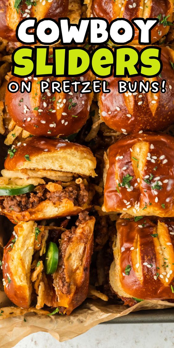 How to make cowboy sliders on pretzel buns Sweet Game Day Snacks, Cheeseburger Sliders Pretzel Bun, Poker Food Ideas, What To Make With Pretzel Buns, Sliders Recipes Hawaiian Rolls Philly Cheesesteak, Cowboy Butter Sliders, Football Sunday Dinner Ideas, Sliders On Pretzel Buns, Game Day Favorites