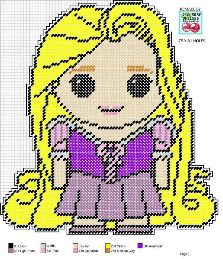 a cross stitch pattern for a girl with blonde hair and blue eyes, wearing a purple dress