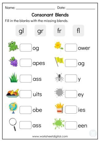 Consonant Blends gl, gr, fr, fl Phonics Blends Worksheets, Consonant Blends Worksheets, Remedial Reading, Kids Worksheet, Phonics Blends, Thanksgiving Kindergarten, Kindergarten Phonics Worksheets, Blends Worksheets, Vowel Worksheets