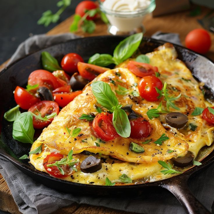 an omelet with tomatoes and olives in a skillet