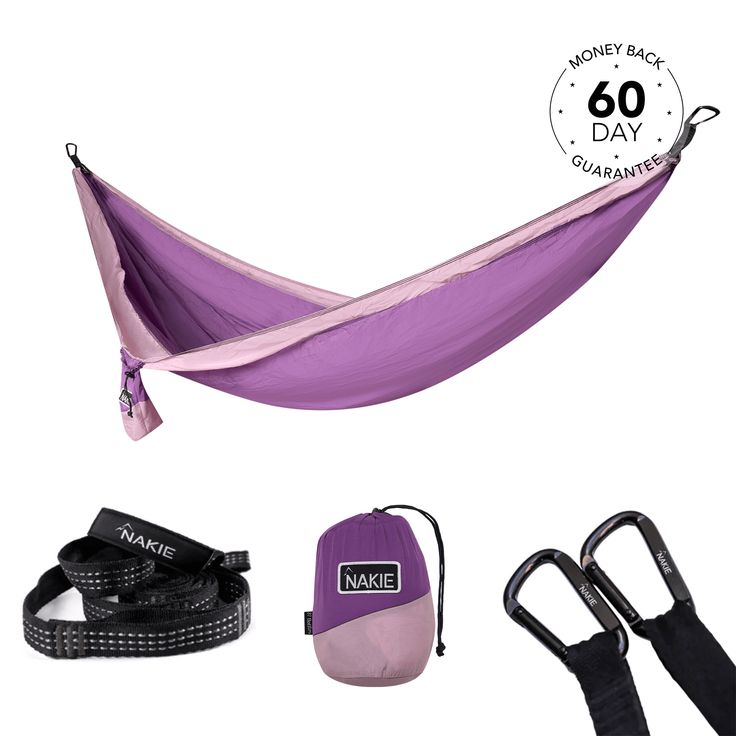 the hammock is purple and has black straps on one side, and two other items