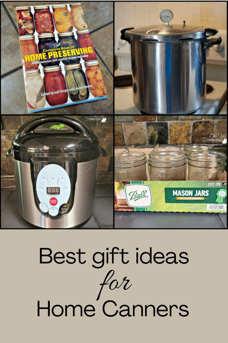 A collage of home canning equipment. "Best gift ideas for home canners." Electric Pressure Canner, Canning Gifts, Food Stocking Stuffers, Canning For Beginners, Canning Equipment, Homemade Bookmarks, List Of Gift Ideas, Stocking Stuffers For Mom, Stocking Stuffers For Adults