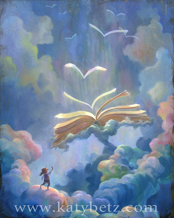 an open book floating in the air above clouds with a person standing next to it