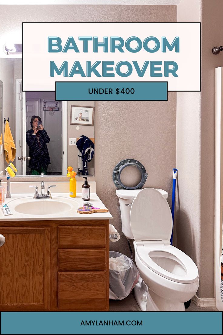 bathroom makeover under $ 340 with woman in mirror