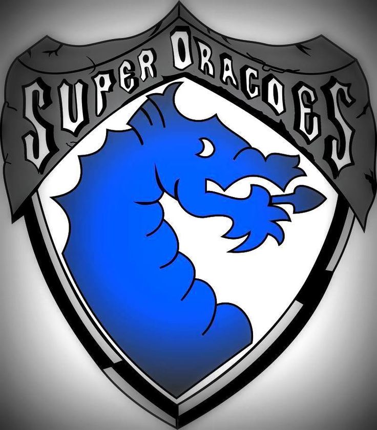 a blue and white crest with the words super dragon on it's side, in front of a gray background