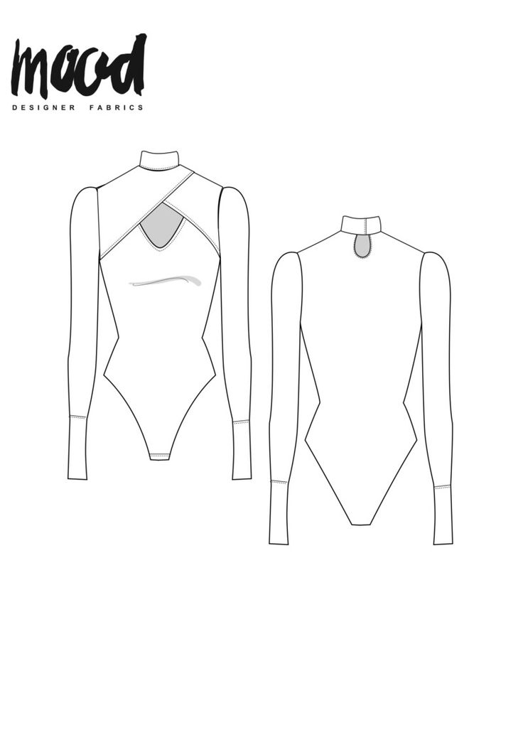 the front and back view of a women's bodysuit, with long sleeves