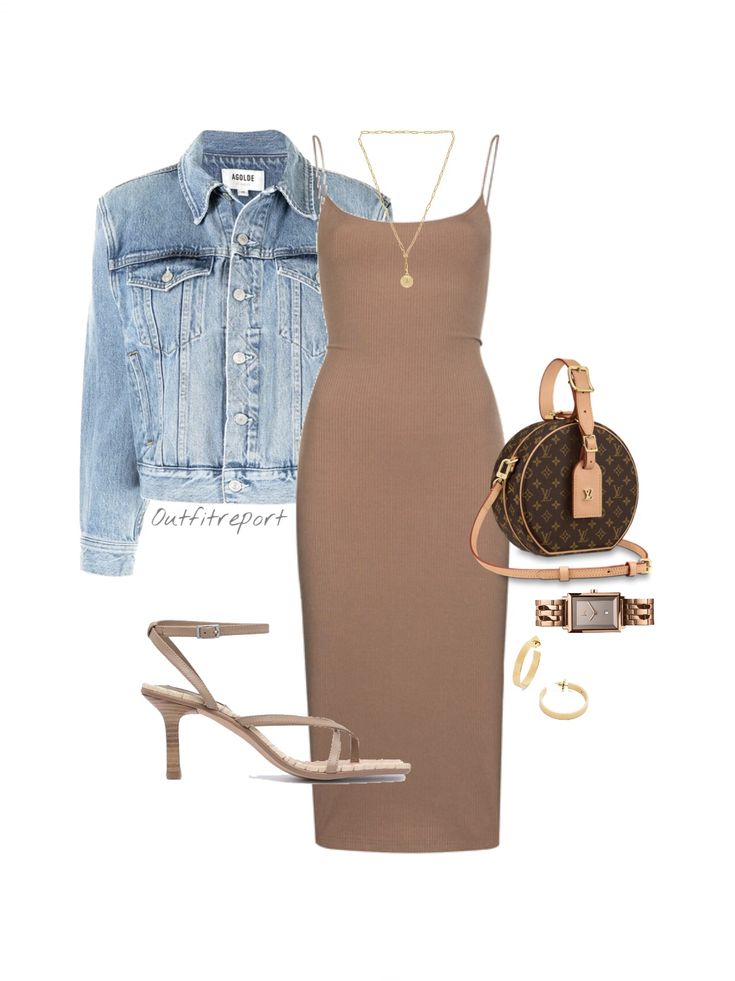 Brown Clutch Outfit, Light Brown Dress Outfit Casual, Luxury Brown Bags For Spring, Brown Bodycon Dress Outfit With Jacket, Chic Brown Mini Dress For Daywear, Chic Brown Spring Dress, Light Brown Bag Outfit, Chic Brown Summer Dress, Beige Dress Outfit Casual