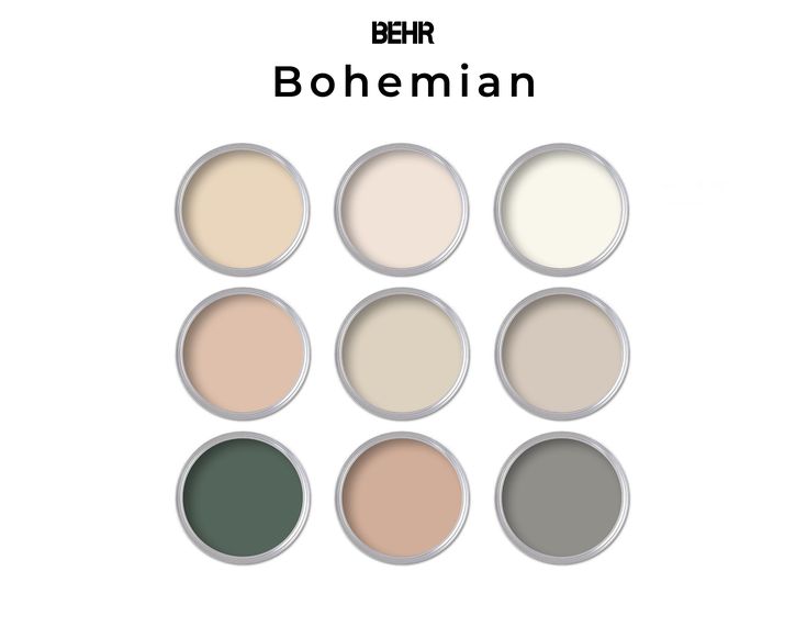 the different shades of paint on white paper with text that says, behr bohemian