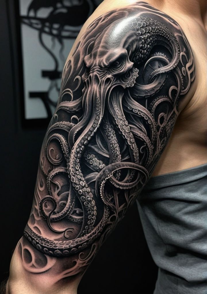 an octopus tattoo on the arm and shoulder is shown in black and grey ink with intricate details